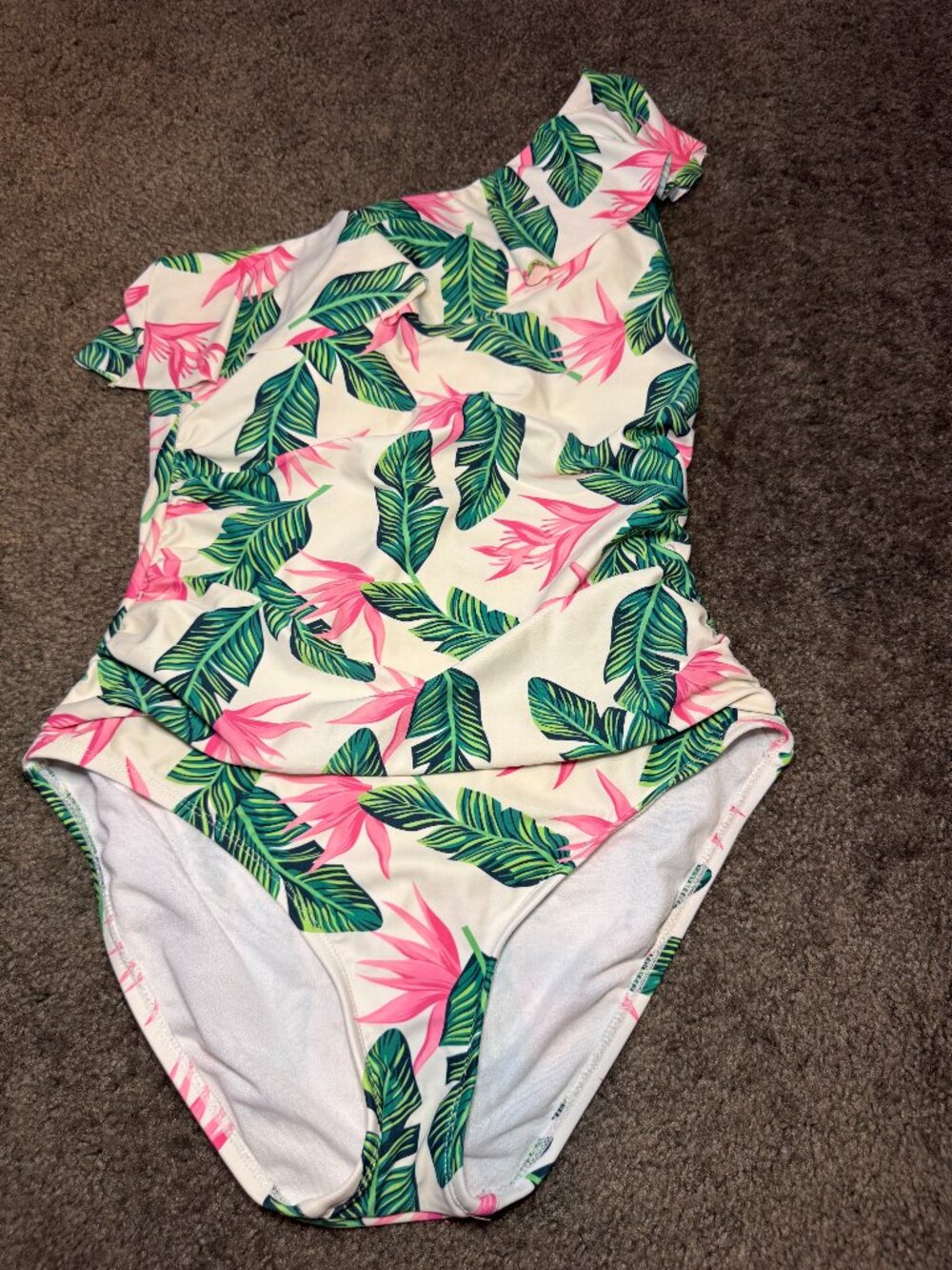 Hilar Pink Floral Palm Leaf One Shoulder Ruffle One Piece Swimsuit Size US 10